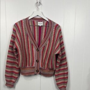 Pink Rose Womens Cardigan S Pink Orange Green Stripes Slouchy Chunky Soft EUC